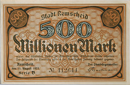 Notgeld Remscheid 500 Millionen Mark 11 August 1923